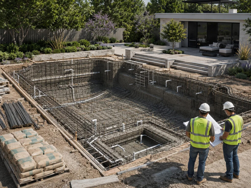 Custom swimming pool under construction with steel and plumbing installation