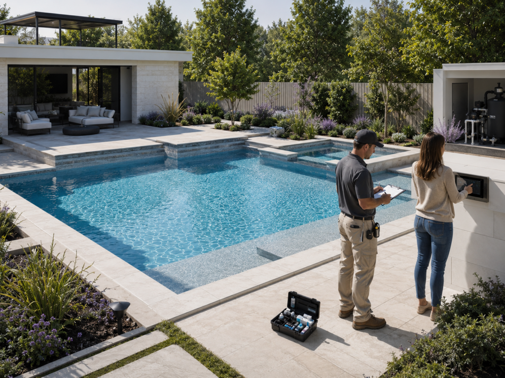 Pool technician completing water startup and homeowner equipment orientation