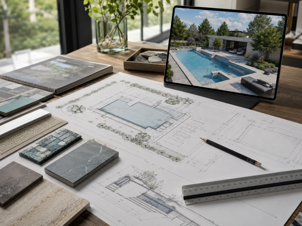 Custom pool design plans, material samples, and 3D rendering