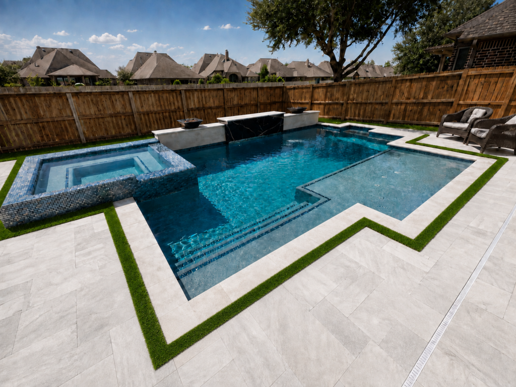 Completed custom pool in Richmond, Texas with raised spa, fire features, tanning ledge, and artificial turf