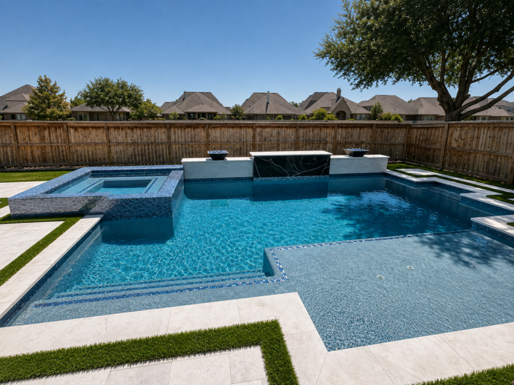 Luxury custom pool with raised spa, tanning ledge, fire bowls, and artificial turf in Richmond, Texas