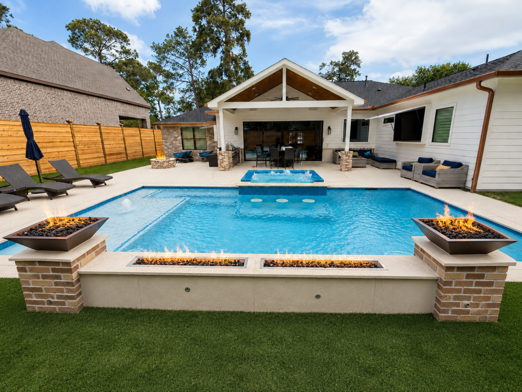 Completed custom pool with raised spa, fire wall, fire bowls and covered patio in Greater Houston