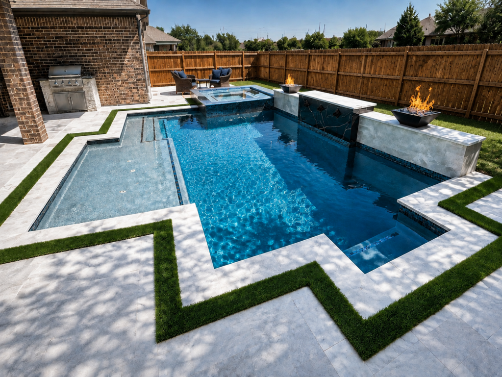 Pool with fire bowls, raised spa, artificial turf lines, and modern backyard design in Richmond, Texas