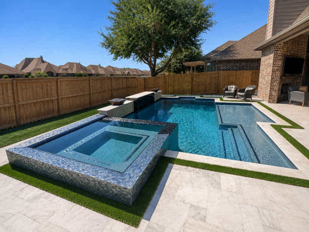 Custom pool with raised spa, tanning ledge, and blue tile in Richmond, Texas