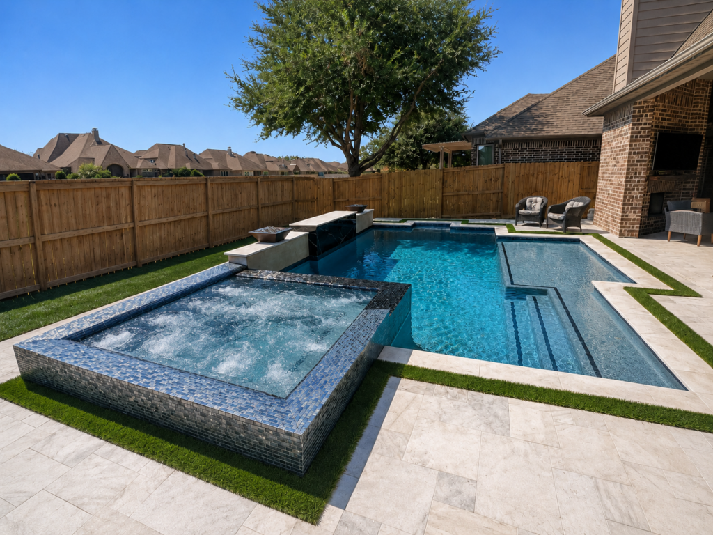 Raised spa with venturi water effect in a custom pool backyard in Richmond, Texas