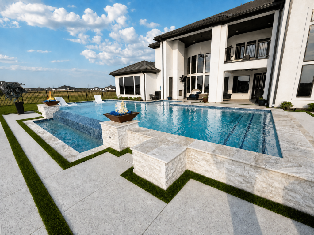 Luxury custom pool with raised spa, fire bowls, and modern home in Greater Houston, Texas