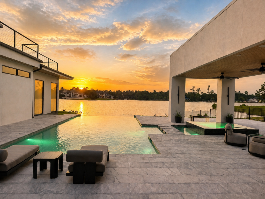 Infinity edge pool with raised spa and lake view at sunset in The Woodlands, Texas