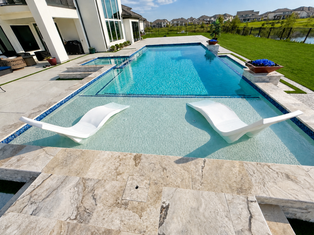 Custom pool with tanning ledge, in-pool loungers, and raised spa in Greater Houston, Texas