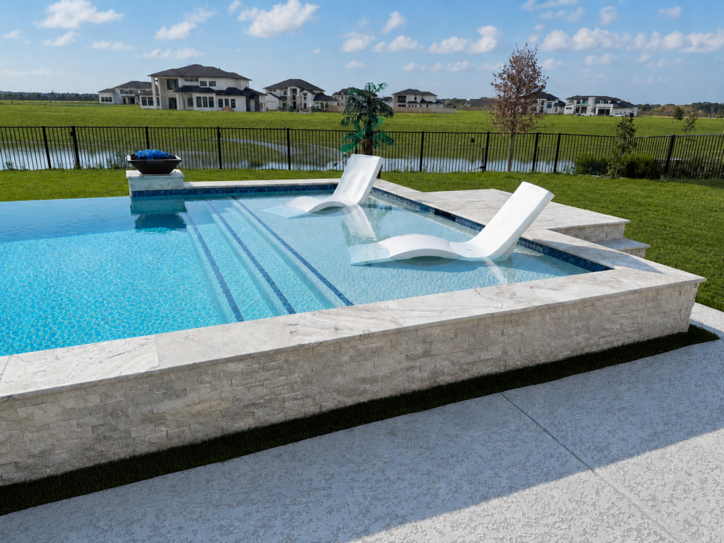 In-pool loungers on a tanning ledge with a lagoon view in Greater Houston, Texas