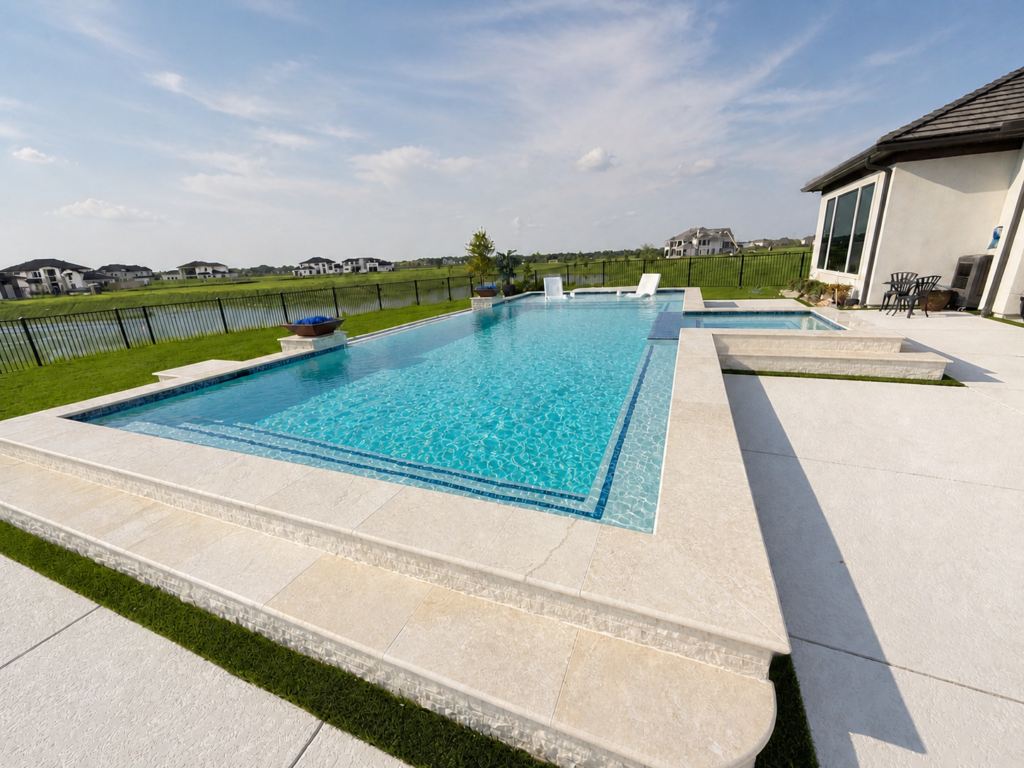 Luxury custom pool with raised spa and lagoon view in Greater Houston, Texas