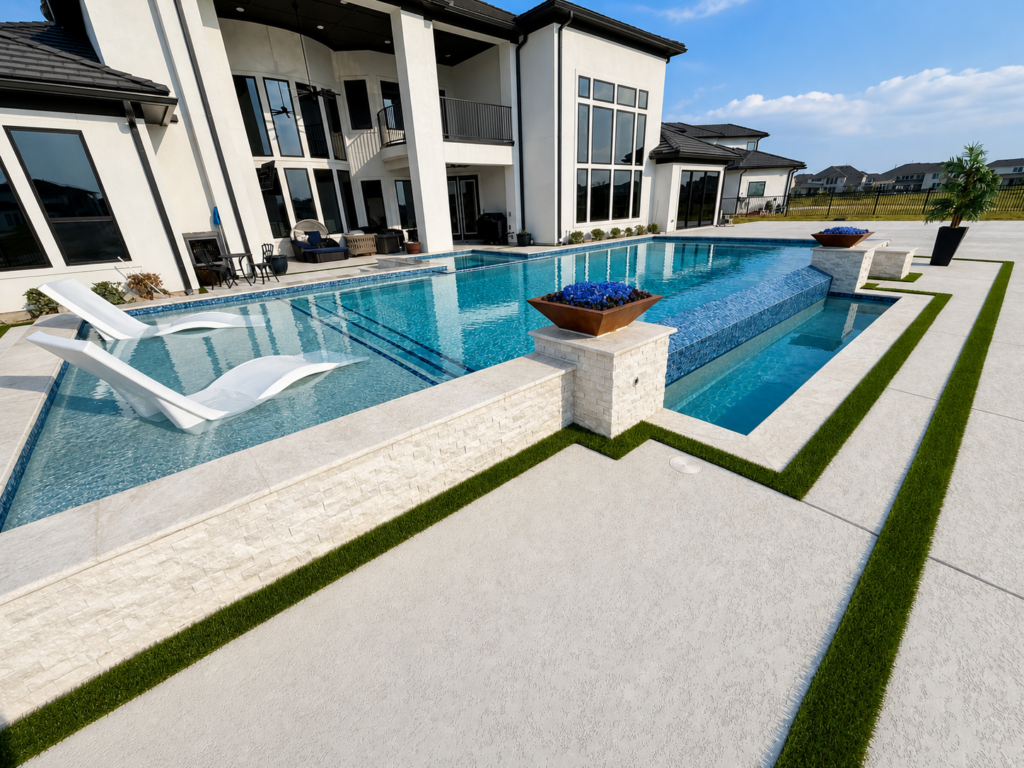 Modern custom pool with raised spa, tanning ledge, and white in-pool loungers in Greater Houston, Texas