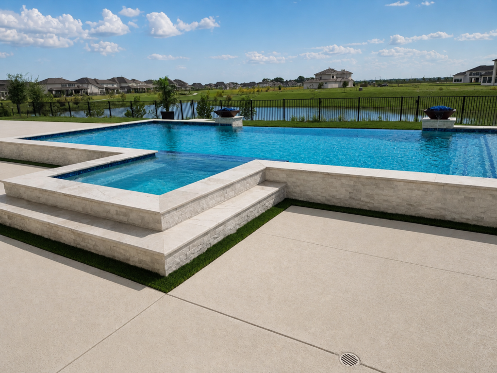 Raised spa, custom pool, and two fire bowls overlooking a lagoon in Greater Houston, Texas