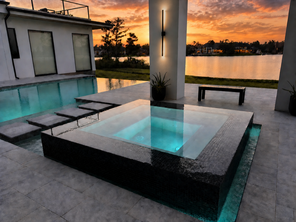 Luxury raised spa at sunset with infinity edge pool and lake view in The Woodlands, Texas